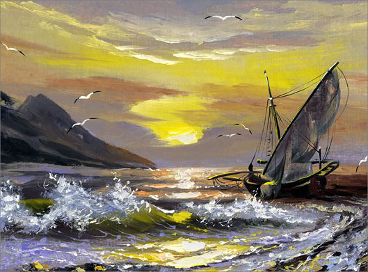 عکس با کیفیت از نقاشی رنگ روغن قایق بادبانی در دریای طوفانی