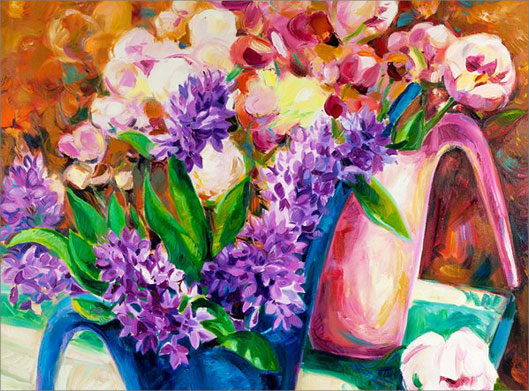 عکس با کیفیت از نقاشی رنگ روغن گلدان و گل