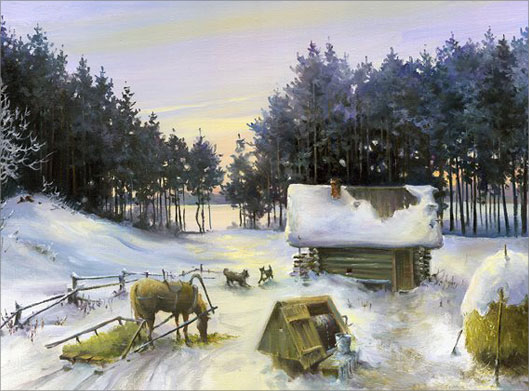 عکس با کیفیت از نقاشی رنگ روغن مزرعه در زمستان