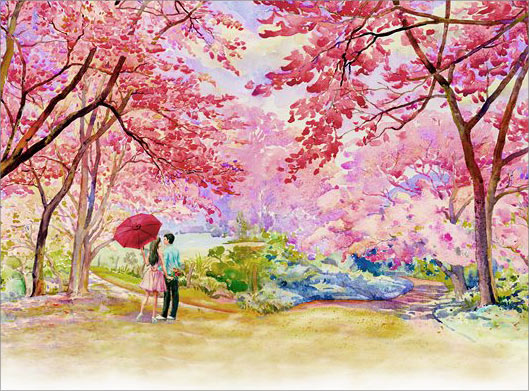 عکس با کیفیت از نقاشی جنگل با شکوفه های صورتی