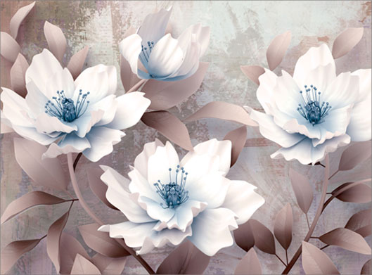 عکس با کیفیت پس زمینه سه بعدی از گل های سفید با پرچم آبی