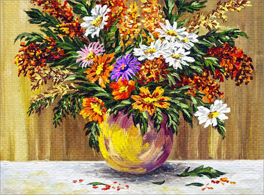 دانلود عکس با کیفیت از نقاشی رنگ روغن از گلدان با گلهای زیبا