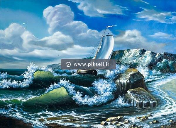 عکس با کیفیت از نقاشی رنگ روغن و کشتی بادبانی در دریای طوفانی