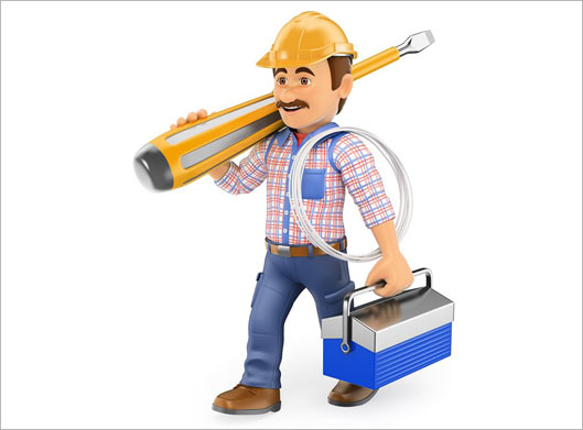 دانلود تصویر با کیفیت از مرد تعمیرکار و پیچ گوشتی و جعبه ابزار در دست