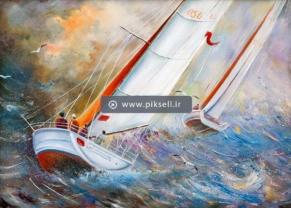 عکس با کیفیت از نقاشی رنگ و روغن و قایق های بادبانی در دریای طوفانی