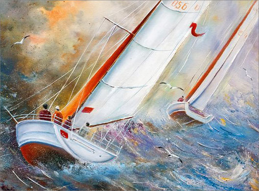 عکس با کیفیت از نقاشی رنگ و روغن و قایق های بادبانی در دریای طوفانی