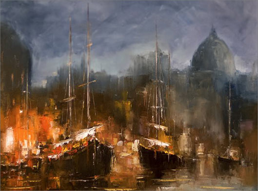 تصویر با کیفیت از نقاشی رنگ روغن از کشتی های بادبانی در دریا