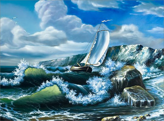 عکس با کیفیت از نقاشی رنگ روغن و کشتی بادبانی در دریای طوفانی