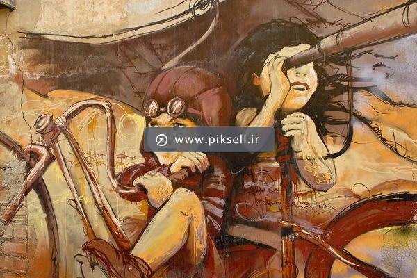 تصویر با کیفیت نقاشی دیواری با طرح دختر و پسر دوچرخه سوار