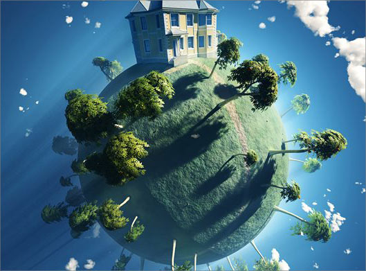 عکس با کیفیت از نقاشی دیجیتال کره زمین سبز ، درخت و خانه و آسمان آبی