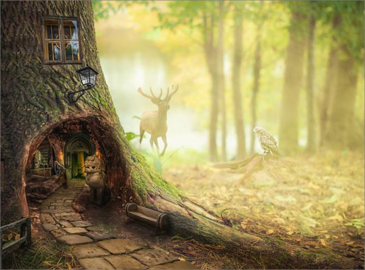 عکس با کیفیت از طرح ترکیبی و نقاشی دیجیتال از جنگل و خانه درختی