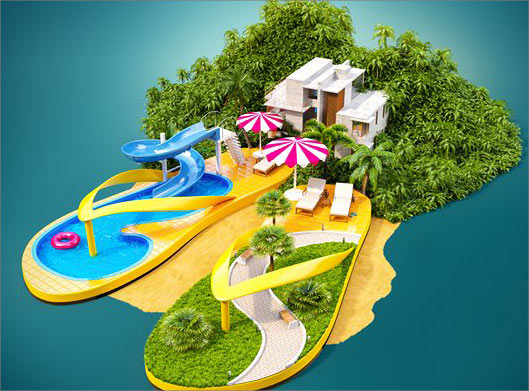 تصویر با کیفیت از جزیره گرافیکی به شکل دمپایی تابستانی و سفر ساحلی
