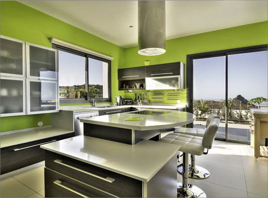 تصویر با کیفیت از دکوراسیون داخلی آشپزخانه خانه لوکس و مدرن با کابینت های سبز