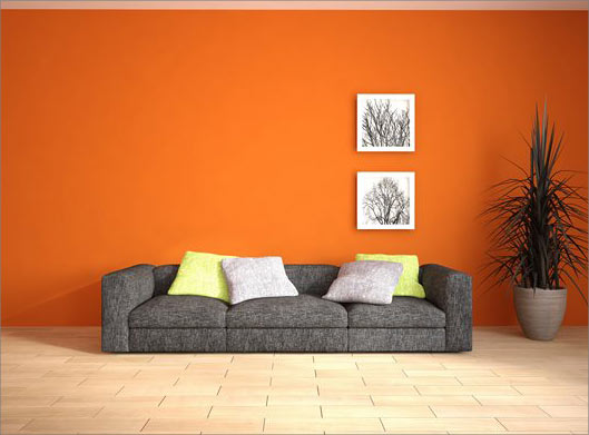 دانلود عکس با کیفیت از دکوراسیون داخلی خانه ، با دیوار نارنجی و مبل و گلدان و قاب