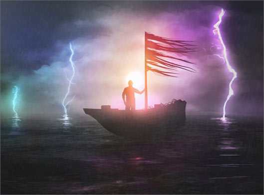 عکس با کیفیت نقاشی دیجیتال از مردی در شب بارانی روی قایق و رعد و برق
