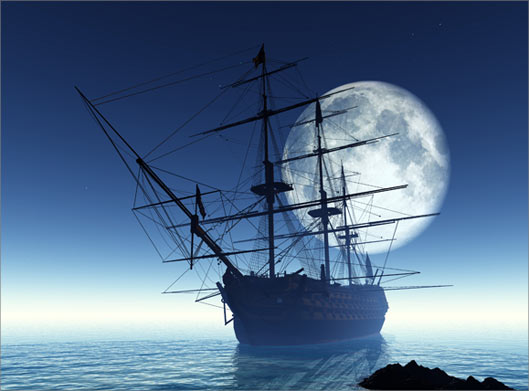 عکس با کیفیت از کشتی بادبانی روی دریا و آسمان شب مهتابی