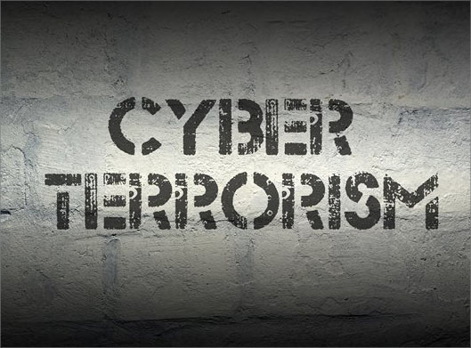 تصویر با کیفیت از حمله تروریستی سایبری و دیوار با نوشته cyber terrorism
