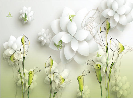 دانلود عکس پوستر دیواری سه بعدی با طرح گلهای سفید و گلهای لاله خطی با تم سبز