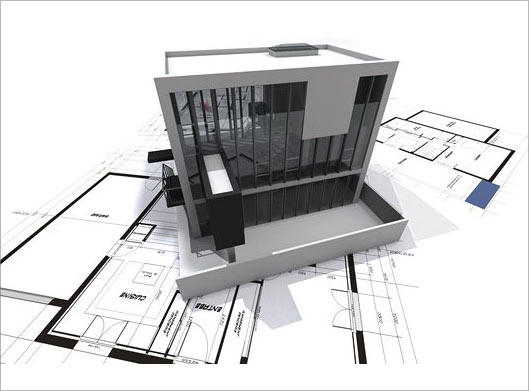 دانلود عکس با کیفیت از ماکت سه بعدی ساختمان و کاغذهای نقشه کشی