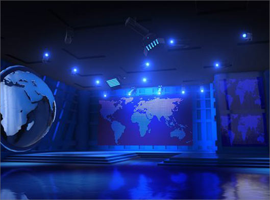 دانلود عکس با کیفیت از فضای سه بعدی خبر با نمادهای کره زمین و نقشه جهان با تم آبی