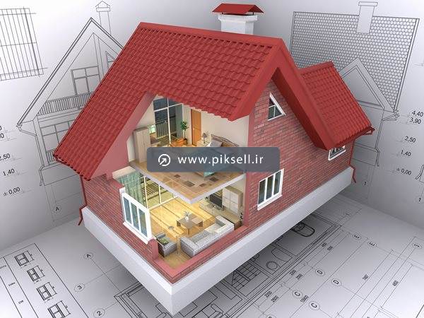 عکس با کیفیت از نقشه کاغذی خانه و ماکت سه بعدی خانه با سقف شیروانی
