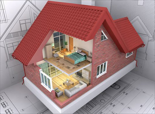 عکس با کیفیت از نقشه کاغذی خانه و ماکت سه بعدی خانه با سقف شیروانی