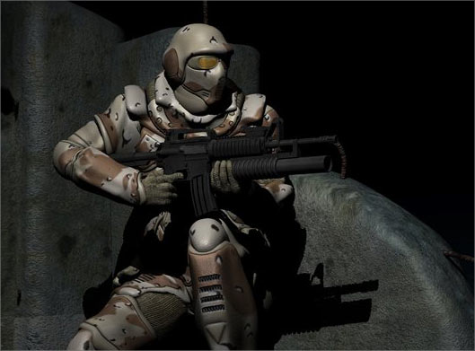 عکس با کیفیت سه بعدی از مرد نظامی با اسلحه مدرن مخفی شده پشت صخره