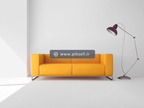 عکس با کیفیت از دکوراسیون داخلی خانه با مبل و کاناپه نارنجی و چراغ مطالعه