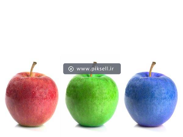 دانلود عکس با کیفیت از سه سیب آبی سبز قرم (رنگهای RGB)