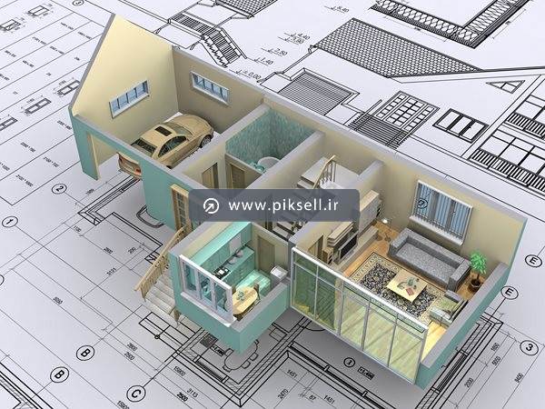 عکس با کیفیت از ماکت سه بعدی خانه روی نقشه کاغذی