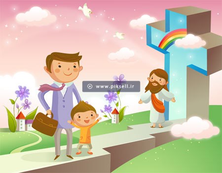 وکتور بکگراند لایه باز کارتونی با طرح حضرت مسیح ، بچه ها و معلم