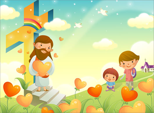 فایل لایه باز پس زمینه کارتونی بچه ها ، پیامبر خدا و دشت با گل های قلبی