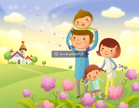 دانلود وکتور کارتونی خانواده شاد در طبیعت بصورت لایه باز