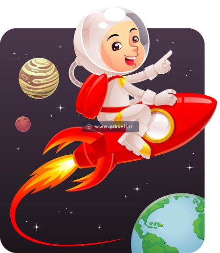 وکتور کارتونی زن فضانورد نشسته روی سفینه فضایی