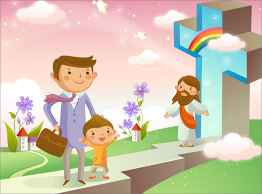 وکتور بکگراند لایه باز کارتونی با طرح حضرت مسیح ، بچه ها و معلم