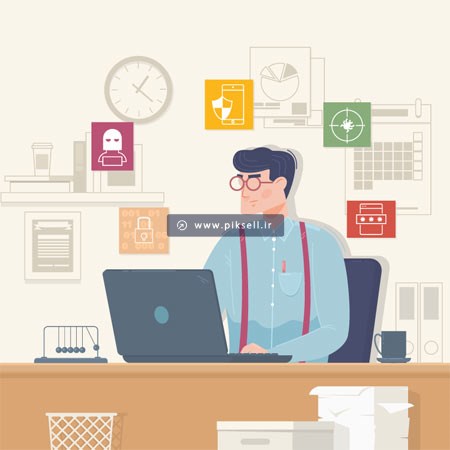 وکتور کارتونی مرد کارمند در حال کار با لپ تاپ بصورت لایه باز