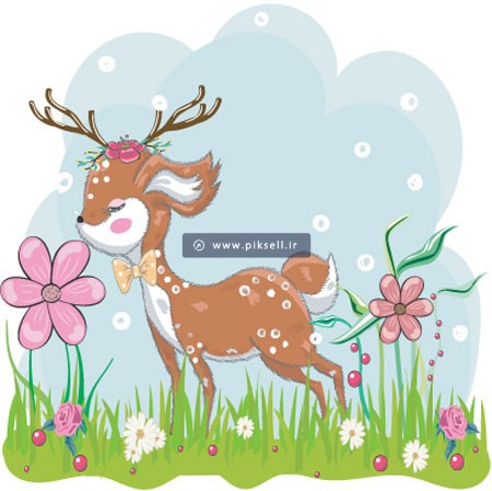 پس زمینه زیبای کارتونی با طرح آهو در بین گلزار