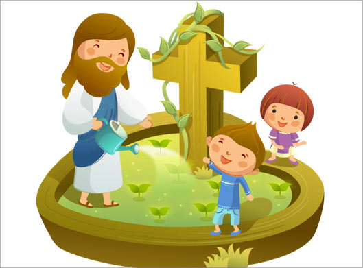 وکتور لایه باز پس زمینه کارتونی با طرح حضرت مسیح و بچه ها در حال آبیاری