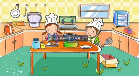 پس زمینه کارتونی بچه ها در حال آشپزی روی میز (لایه باز وکتور)