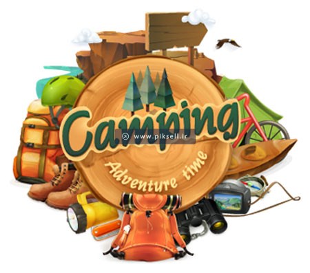 وکتور با طرح camping و المان های سفر کوهنوردی
