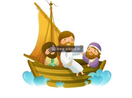 وکتور لایه باز پس زمینه کارتونی با طرح پیامبر نشسته در قایق در حال سخنرانی