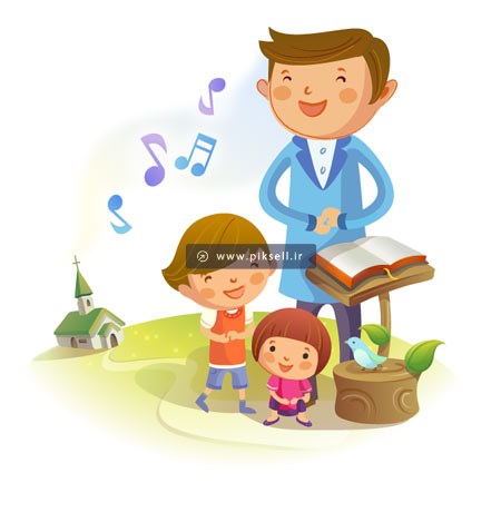 وکتور کارتونی معلم در حال یاد دادن موسیقی به بچه ها با کتاب موسیقی