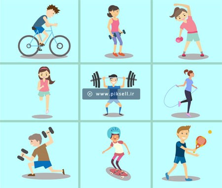 فایل وکتور مجموعه کاراکترهای پسر جوان در حال ورزش