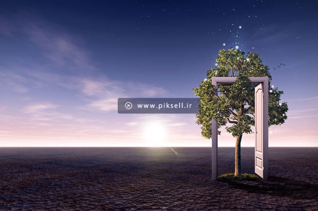 فایل psd لایه باز مفهومی با طرح بیابان خشکی و دری به سوی سرسبزی