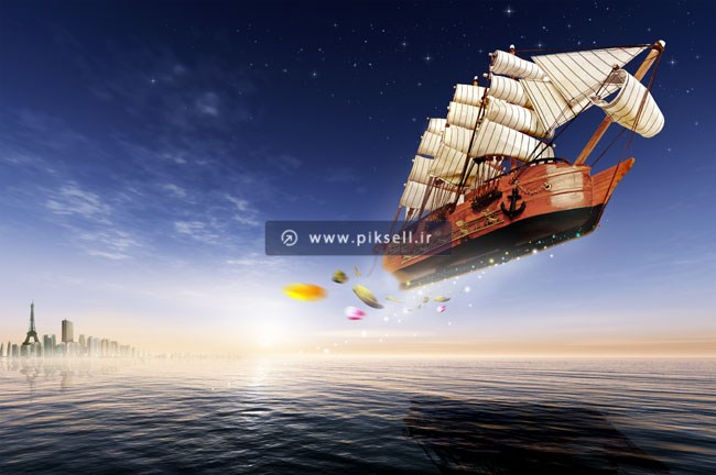 دانلود فایل psd لایه باز با طرح کشتی پرنده بر فراز دریا