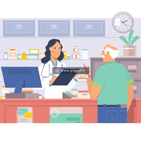 فایل لایه باز پس زمینه گرافیکی با طرح پیرمرد در داروخانه