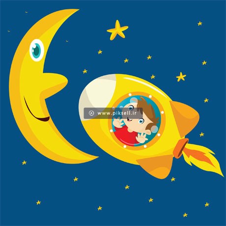 فایل وکتور لایه باز پس زمینه با طرح سفر دختر کوچولو با موشک زرد به سمت ماه