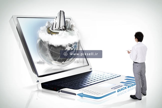 طرح psd لایه باز با المان لپ تاپ و کره زمین