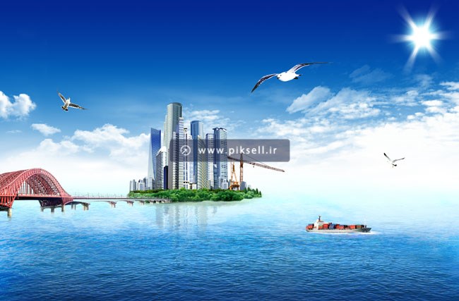 دانلود فایل psd شهر ساحلی و جزیره در کنار دریا