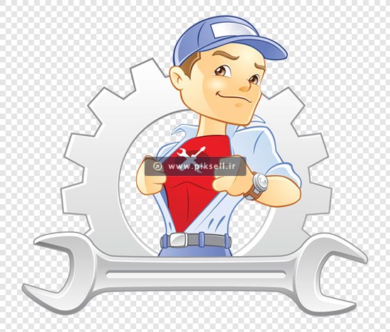 فایل دوربری شده و ترانسپرنت کاراکتر پسر تعمیرکار با آچار و چرخدنده